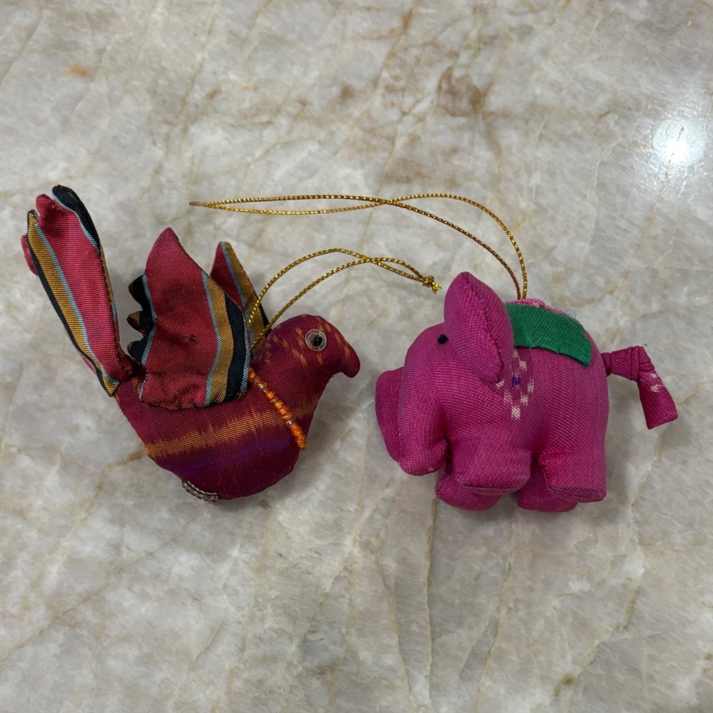 Silk Bird and Elephant Ornaments - handmade